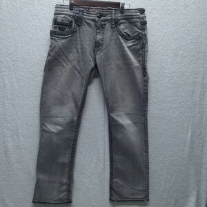 Rock Revival Jeans Mens 34x32 Leo Relaxed Straight Denim Thick Stitch Bling Y2K